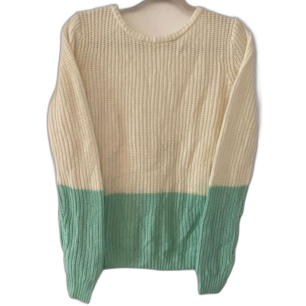 Tobi Mint Aqua Green and Cream Knit Deep V Back Sweater Women's Sz S/M